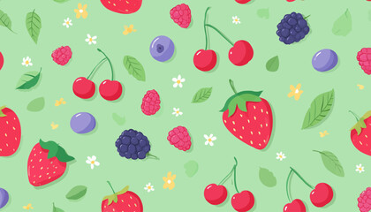Summer Berry Seamless Vector Pattern with Strawberries, Cherries, Blackberries, and Raspberries