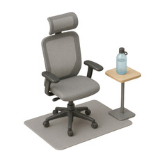 3D icon of minimalistic office chair and side table with bottle. Slightly isometric view isolated on transparent, no shadows.