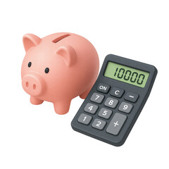 3D icon of minimalistic pink piggy bank beside calculator showing 10000. Slightly isometric view isolated on transparent, no shadows. Financial savings and personal budgeting concept.
