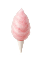 3D icon of minimalistic pink cotton candy on a white cone stick. Slightly isometric view isolated on transparent, no shadows. Sweet carnival treat and festive dessert concept.
