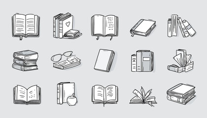 Hand Drawn Book Line Doodle Icon Set Blue Pen Sketch Style Book Diary Open Library Reading School Education Vector Illustration