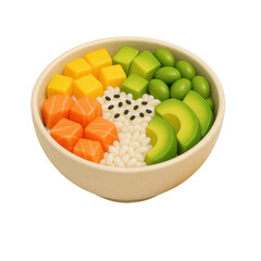 3D icon of minimalistic poke bowl with avocado, salmon cubes, rice, mango, and edamame. Slightly isometric view isolated on transparent, no shadows. Healthy protein meal and clean eating concept.