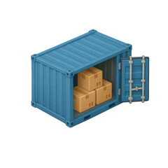 3D icon of minimalistic shipping container with boxes. Slightly isometric view isolated on transparent, no shadows.