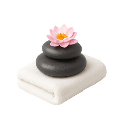 3D icon of minimalistic spa setting with stacked hot stones, folded white towel, and pink lotus flower. Slightly isometric view isolated on transparent, no shadows. Relaxation and wellness concept.