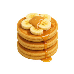3D icon of minimalistic stack of golden waffles topped with banana slices and creamy peanut butter. Slightly isometric view isolated on transparent, no shadows. Healthy breakfast protein snack