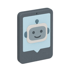 3D icon of minimalistic tablet with chatbot avatar. Slightly isometric view isolated on transparent, no shadows.