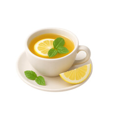 3D icon of minimalistic teacup filled with lemon mint herbal tea on saucer with lemon wedge. Slightly isometric view isolated on transparent, no shadows. Cozy beverage and wellness concept.