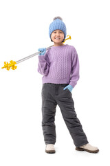 Little Asian skier on white background