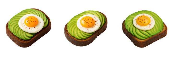 3D icon set of minimalistic avocado toast topped with sunny side up egg and chili flakes. Slightly isometric view isolated on transparent, no shadows