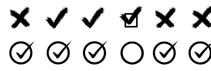 Fototapeta premium Hand drawn check mark icon set with doodle checklist, correct, cross, ok vote signs, and brush stroke boxes and circles vector illustration