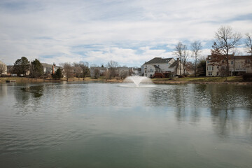Suburban lake with a fountain in Ashburn Virginia