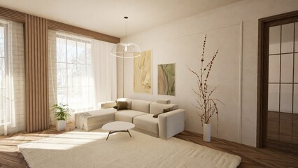 3D render of a cozy living room with a modern beige sectional sofa, round coffee table, and abstract wall art. Large windows, sheer curtains, natural light, enhancing the warm and elegant interior