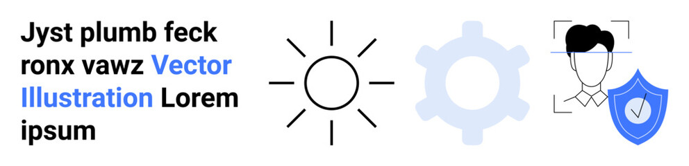 Sun icon, gear shape, facial recognition, shield with checkmark for concepts thumbs up security, technology, AI, data protection, innovation, usability and a simple landing page