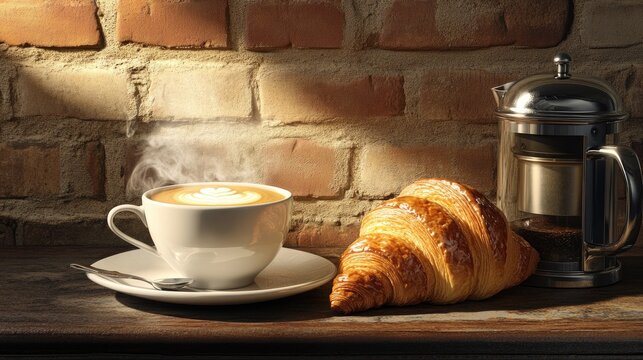 A steaming cup of cappuccino and croissant on a wooden surface.
