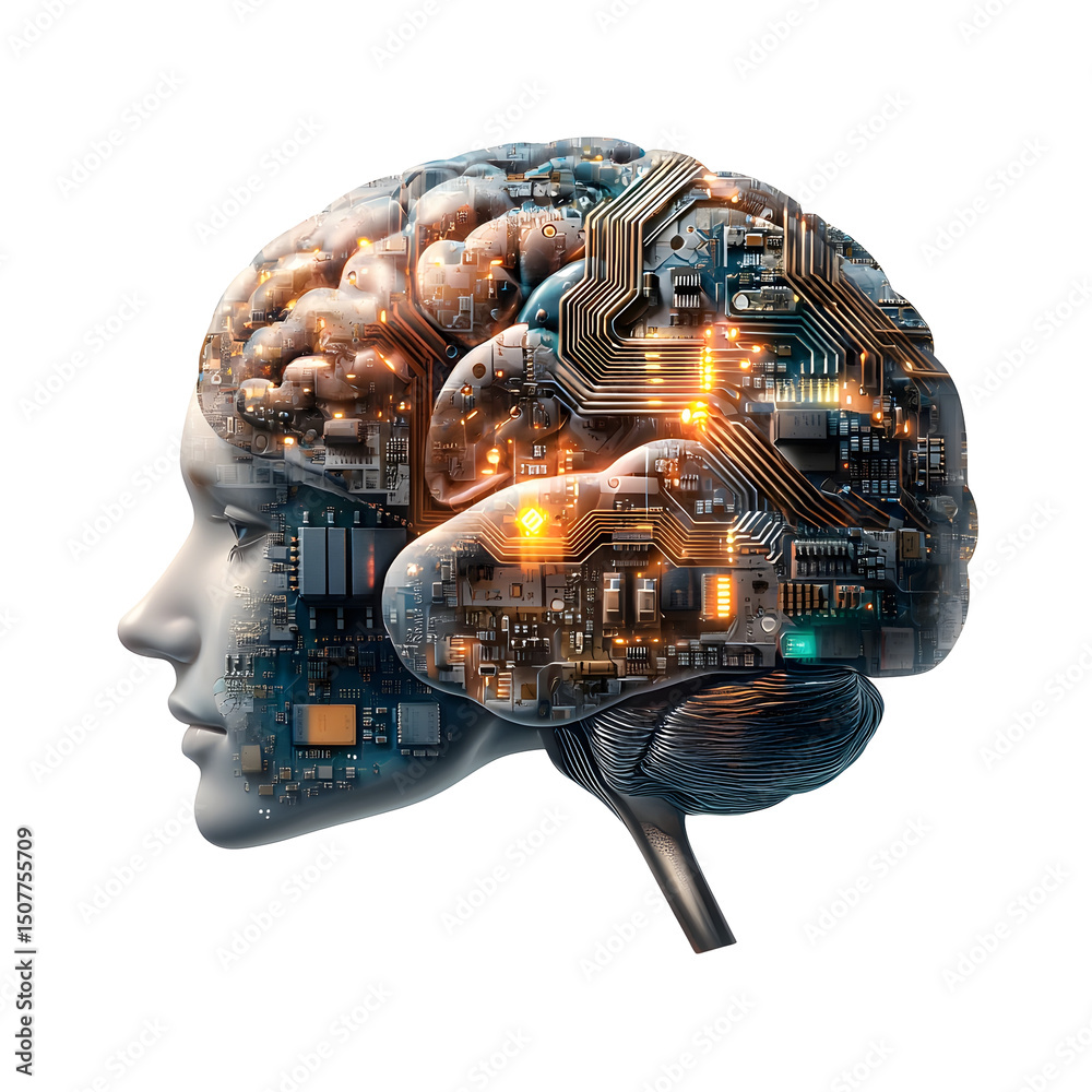 Poster a 3d rendered conceptual image of an intelligence brain chip with glowing multicolored electronic ci