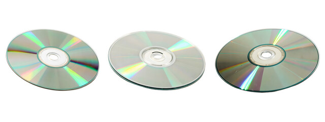 Three compact discs isolated on transparent background, ready for data storage