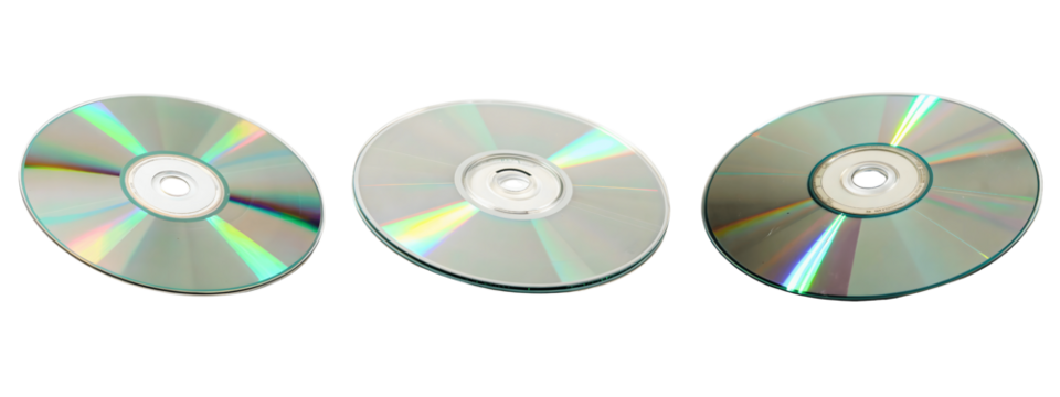Three compact discs isolated on transparent background, ready for data storage