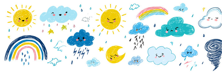 Cute Weather Character Vector Set with Smiling Clouds, Angry Rain, Sun, Moon, Tornado, Rainbow, and Wind Doodles