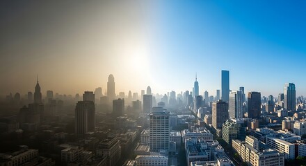 Fototapeta premium Urban Renewal: Downtown Skyscrapers Transitioning from Smog to Clear Blue Sky at Sunrise, Representing Hope & Environmental Progress in a City with Modern Architecture
