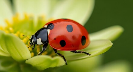 Obraz premium Ladybug's Close-Up: Exploring a Dazzling Bloom, Red Beetle Crawling on Pale Green & Yellow Flower in Vibrant Macro Detailing, Exposing Exquisite Textures and Elegant Composition; Serene Naturalism