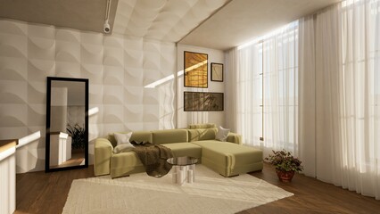 3D render of a stylish living room with a modern yellow sectional sofa, abstract wall art, textured accent wall. A large mirror, cozy decor, natural light. Warm athmosphere. Relax, lifestyle