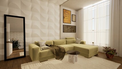 3D render of a stylish living room with a modern yellow sectional sofa, abstract wall art, textured accent wall. A large mirror, cozy decor, natural light. Warm athmosphere. Relax, lifestyle