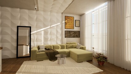 3D render of a stylish living room with a modern yellow sectional sofa, abstract wall art, textured accent wall. A large mirror, cozy decor, natural light. Warm athmosphere. Relax, lifestyle