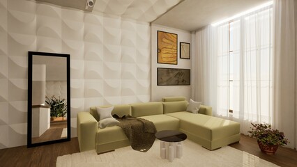 3D render of a stylish living room with a modern yellow sectional sofa, abstract wall art, textured accent wall. A large mirror, cozy decor, natural light. Warm athmosphere. Relax, lifestyle