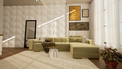 3D render of a stylish living room with a modern yellow sectional sofa, abstract wall art, textured accent wall. A large mirror, cozy decor, natural light. Warm athmosphere. Relax, lifestyle