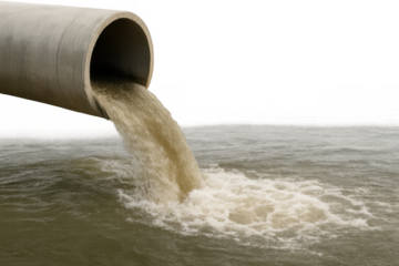 Dirty water is polluting a river, pouring from a large concrete pipe, isolated on transparent background