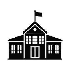 School building front with flag vector silhouette