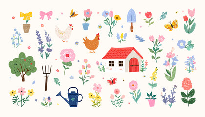Cottagecore Hand Drawn Illustrations � Charming Flowers, Barn Animals, and Garden Elements for Spring Summer Stickers and Country Lifestyle Designs