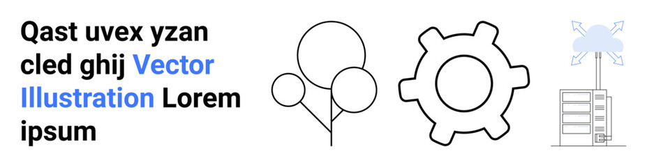 Minimalist design featuring balloons, a gear for optimization, and a cloud server symbolizing networking. Ideal for innovation, technology, creativity, process, celebration, growth simple landing