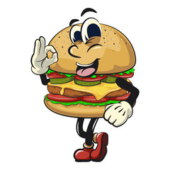 cute burger retro vektor illustration mascot character dancing while giving the okay sign, work of hand drawn