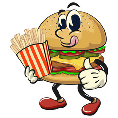 cute burger retro vektor illustration mascot character brought a box of french fries, work of hand drawn