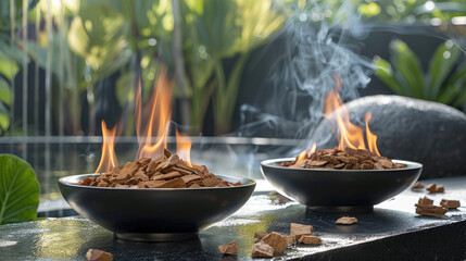 Aromatic wood chips burning in tranquil garden setting