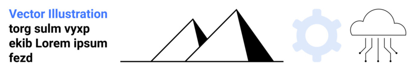 Minimalist mountain peaks, light gear, and connected cloud combining themes of nature, progress, and tech. Ideal for environmental impact, innovation, tech solutions, connectivity teamwork system