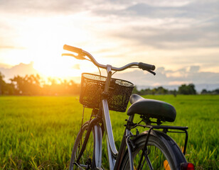 Bicicleta parada en el campo, hierba verde y el sol del atardecer.