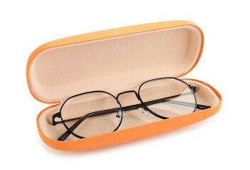 Case with stylish glasses isolated on white