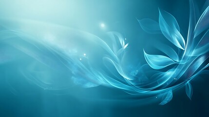 Delicate teal abstract design with flowing lines and ethereal leaves.