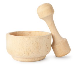 Wooden mortar with pestle isolated on white