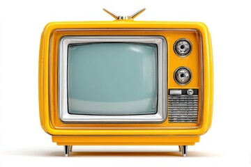 Yellow Retro Television with Chrome Accents Isolated on White Background