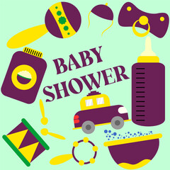 Baby boy shower clipart template. Invitation template with cute toys 
