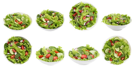 Tasty fresh salads with vegetables on white background, collage. Top and side view