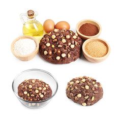 Dough and ingredients isolated on white, collage