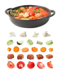 Delicious cooked stew and fresh ingredients on white background, collage
