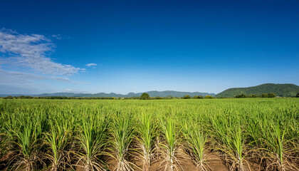 Obraz premium expansive sugarcane field under clear blue sky and green landscape