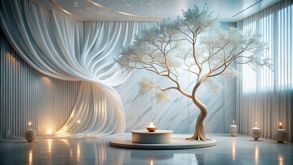 Serene Minimalist Interior Design with Flowing Drapes and Ornate Tree