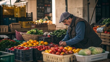 Vendor arranging fresh produce at an outdoor market stall today