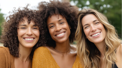 Fototapeta premium Joyful women embracing diverse hair health and natural smiles outdoors